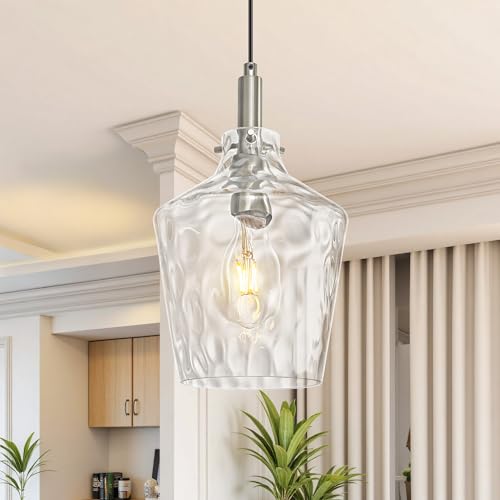 Image of Hammered Glass Pendant Light for Kitchen Island Foyer 1 Pack Nickel 8 Inch