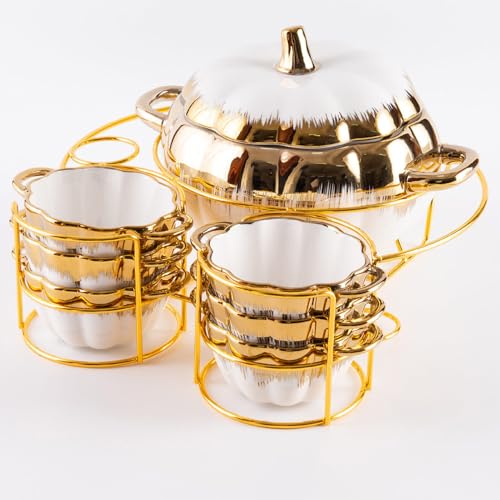 FENNVV Ceramic Pumpkin Pot Soup Bowl Set Baking Bowls with Lid and Handle Pumpkin Shape Soup Serving Pot Double Ear Cookware for Cooking Bakeware Home Halloween Thanksgiving,White