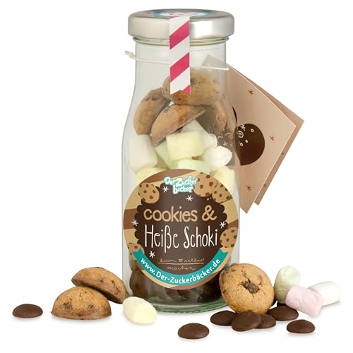 DIY-Flasche Cookies Heiße Schoki – Heiße Schokolade mit Zartbitter-Schokodrops, Mini-Marshmallows & 4 Cookies, Geschenkidee für Winter & Weihnachten