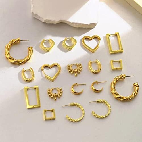 18K Genuine Gold Electroplated Earrings Simple Love Bells Twist Earrings Gold Small Round Earrings Punk Hip-hop Personality Earrings 9 Pairs