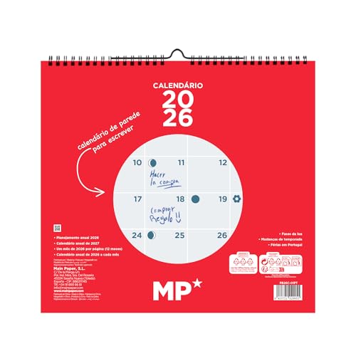 MP -Calendario da parete 2026 Mese Vista Gennaio - Dicembre (12 mesi), Pianificazione annuale 2026, Planner mensile Neutro - Férias em Portogallo,26,5x24,3cm