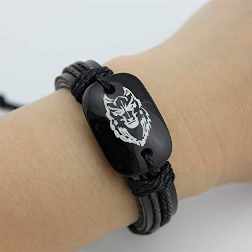 MiaoKa Pulseira Viking, pulseira de couro com símbolo de cabeça de lobo nórdico, pulseira de amuleto