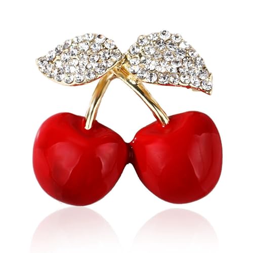 Dainty Cherry Brooch Pin for Women Red Enamel Rhinestone Fruit