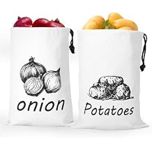 2Pcs Potato Drawstring Bags, Canvas Onion Storage Bag with Light-Blocking Liner, Large Capacity Washable Garlic Keeper, Vegetable and Fruit Storage Bags with Side Zipper for KitchenStyle 1