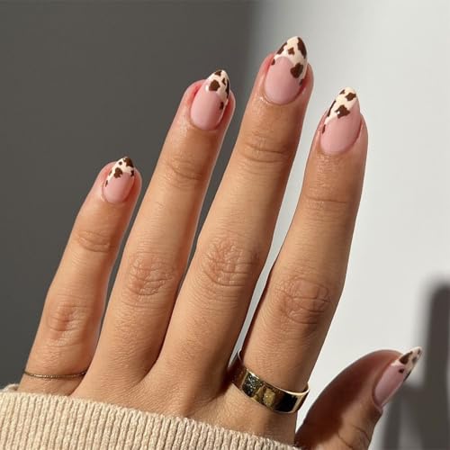 IMRAIN Press on Nails Short Oval Fake Nails Brown Cow Pattern French Tips Nails with Designs Full Cover Nude Round Glossy Cute Artificial Stick on Nails for Women Girls 24Pcs