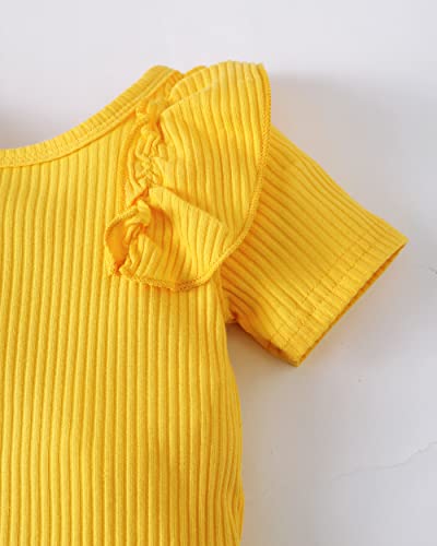 Renotemy Newborn Baby Girl Outfits Summer Clothes Infant Gifts Short Sleeve Yellow Ribbed Romper Floral Sunflower Clothing Baby Girl Clothes 3-6 Months #TOP3