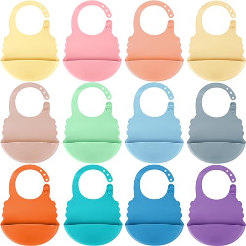 Image of Cutecrop 12 Pcs Silicone Baby Bibs for Boy Girl Adjustable Feeding Bibs for Drooling and Teething Eating 6-72 Months Toddler Bibs with Snap Closure Waterproof Teething Bibs Unisex Baby Accessories