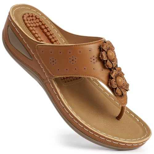 Image of Ecetana Womens Wedge Flip Flops: Orthopedic Cushion Non Slip Sandals - Comfortable Walking for All Day - Stylish Flower Adjustable Thong Sandals for Summer Casual Outing