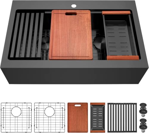 MONSINTA 30 Inch Black Farmhouse Workstation Double Bowl Kitchen Sink