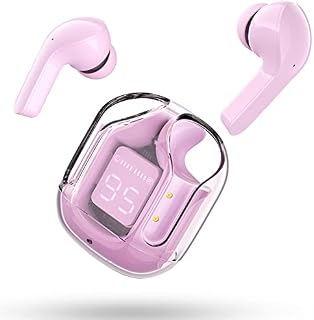 Wireless Headphones, Bluetooth Earbuds ENC Noise Cancelling Translucent Earphones in Ear, HiFi Stereo Dual Microphone Mini Sport Ear Buds with Fast Charging, LED Digital Display & Silicone Case, Pink