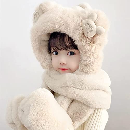 Image of Kids Winter Hat Scarf Mittens 3 in 1 Faux Fur Hat Hooded Scarf Earflap Cap Neck Warmer Fuzzy Hoodie Ski Snow Cap Gloves Set