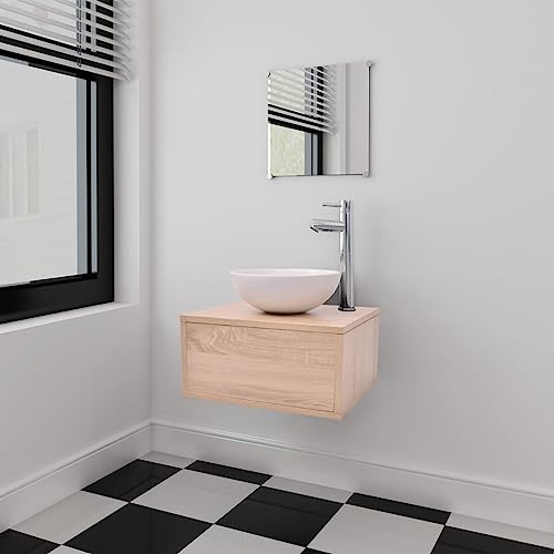 QJBSAVVA Set 3 Pezzi Mobili Bagno con Lavabo Salvaspazio, Armadietto a Muro Beige 40x34x20 cm e Specchio 30x30 cm, Lavandino Ceramica Bianco da Appoggio per Ottimizzare Spazio in Bagno Moderno