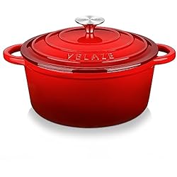Cacerola Holandesa Velaze Olla de Hierro Fundido, Cacerola Holandesa de Esmaltado Antiadherente Anticorrosiva Redonda de Color Rojo con Tapa Rociadores para Cocina Estofado, Paella, Ollas de Gran Capacidad 4L