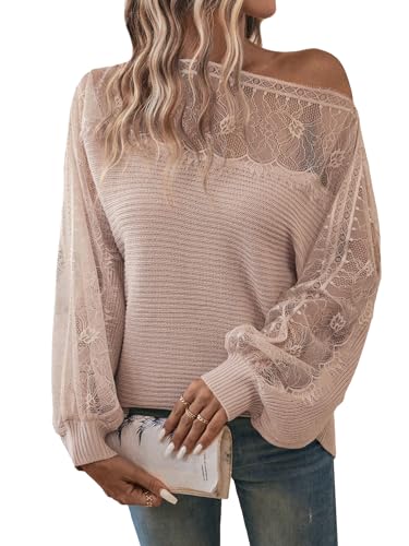WDIRARA Women's Contrast Lace Boat Neck Mesh Long Sleeve Sweater Ribbed Knit Pullovers