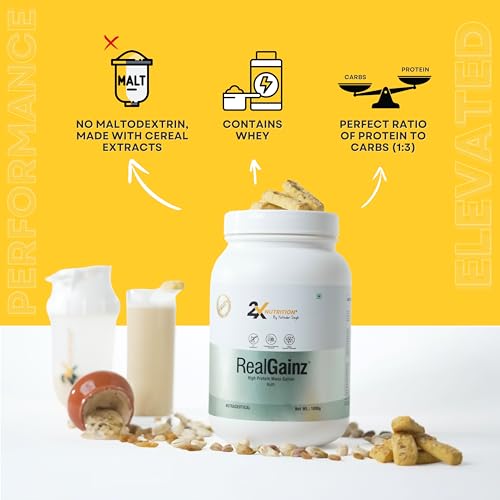 Image of REALGAINZ by 2X Nutrition | High-protein mass gainer | 78g Carbs per serving | High protein (26g) Natural weight gain | Build lean muscle mass | contains digestive enzymes (1Kg, Kulfi)
