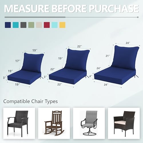 Image of 24x24 Inch Outdoor Chair Cushions Set of 2, Patio Furniture Cushions - Removable Cover, Water-Repellent, Fade-Resistant, Non-Slip Bottom & Straps, Replacement for Deep Seat Sofa & Couch - Navy