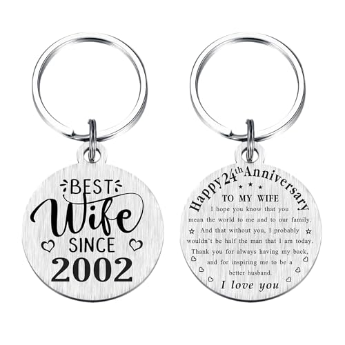 TANWIH 24th Wedding Anniversary Keychain Gifts for Wife, Best Wife Since 2002, 24 Year Anniversary Decoration for Her, 24 Yr Anniversary