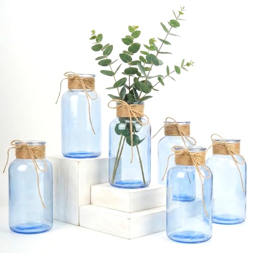 Mason Jars for Centerpiece Glass Flower Bud Vase Blue Vases 6 Pc