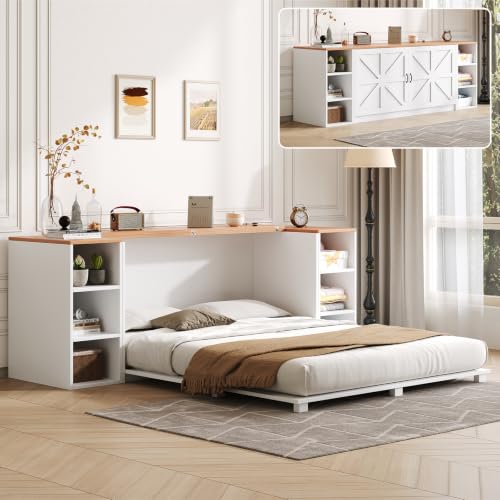 Queen Murphy Bed Cabinet, Farmhouse Murphy Bed with Wooden Foldable Platform, 6 Open Cubby Storage Shelves, Saving Space Wall Bed for Guest Room, Home Office & Apartment, White Queen Murphy Bed Cabinet, Farmhouse Murphy Bed with Wooden Foldable Platform, 6 Open Cubby Storage Shelves, Saving Space Wall Bed for Guest Room, Home Office & Apartment, White - Image 1