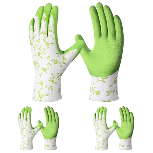 Pleneal Gardening Gloves for Women Men - 3 Pairs Breathable Garden Gloves with Grip, Printed Latex Coating Outdoor Working Gloves for Lawn Yard, Medium Size Fits Most
