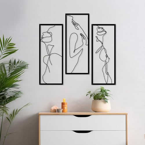 Resama 3 Stück Metall Minimalistische Abstrakte Frau Wandkunst Modern Single Line Female Home Hanging Wandkunst Dekor für Wohnzimmer Schlafzimmer Badezimmer(Schwarz,Eleganter Körper)