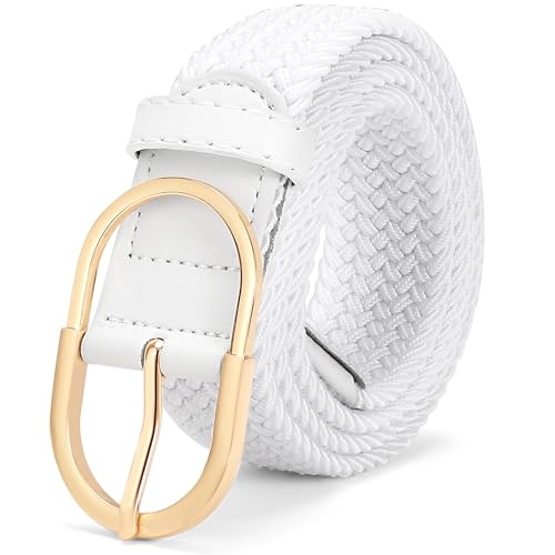 WHIPPY Braided Woven Stretch Belt Women Men Web Casual Unisex Mixed Color Woven Elastic Golf Belts for Jeans Pants White Gold Buckle M