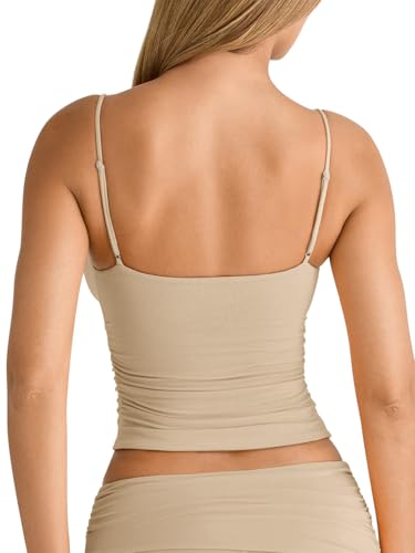 Image of PINKMSTYLE Women's Sexy V Neck Ruched Cami Top Sleeveless Spaghetti Double Layer Fitted Crop Tank Tops