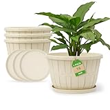 Quarut Plant Planters Pots Set of 4 Pack 16 Inch，Large Plastic Flower Pot for Indoor Plants with Drainage Holes & Trays, Whiskey Barrel Planters with Saucer for House Outdoor Garden Plant（White）