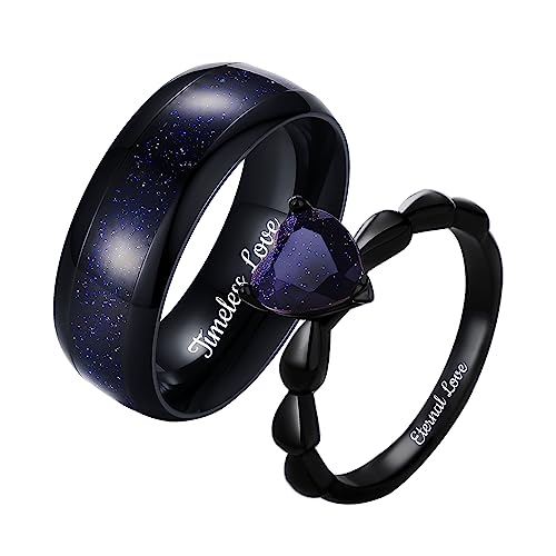Personalized Promise Rings for Women, Custom Black Promise Rings for Her/Him, Engravable Promise Ring for Couples, Engraving Matching Heart Blue Sandstone Rings for Couples, His/Hers Wedding Band