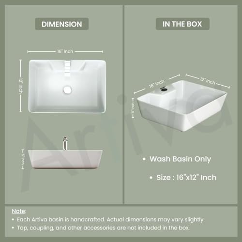 Image of Artiva Ceramic Table Top Wash Basin For Bathroom /White Wall Mounted Bathroom Sink /Wall Hung Washbasin /Wash Basin For Cabinet, Vanity (Glossy White 16 x 12 x 5 Inch)