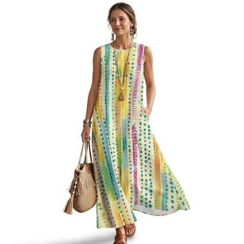 Frestree Colorful Dots Linen Sleeveless Dress for Women, Watercolor Graffiti