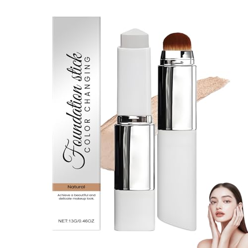 Stick De Base Coreano Que Cambia De Color, Maquillaje De Base De Cobertura Completa A Media,Con Cabezal Brocha, Apto para Todo Tipo de Piel (Natural)