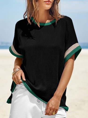 Womens Color Block Oversized Tops Trendy Casual Summer Textured Ribbed Knit T Shirts Loose Fit Short Sleeve Tshirts3