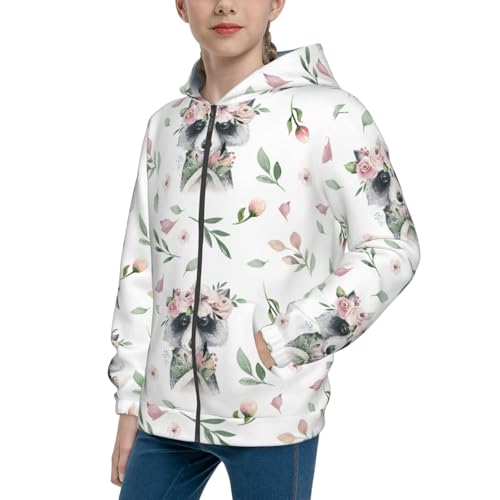 Watercolor Floral with Raccoon Kid Hoodies Boys Zip Up Sweatshirts Girls Pullover with Pocket