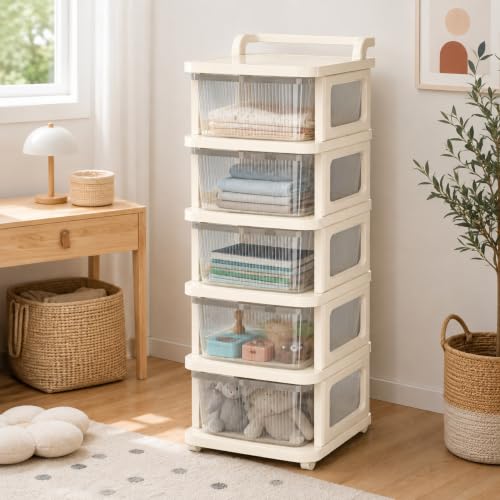 Image of Heavy Duty Plastic Storage Drawer with Wheels | Modular Cabinet for Bedroom, Office, Home or Classroom| Chest of Drawers Organiser for Cosmetics, Kitchen items, Toys (White Transparent, 5)
