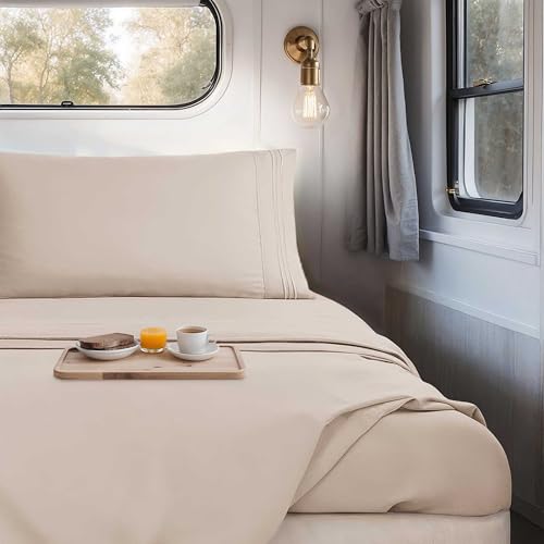 Nestl Beige Cream Short Queen Sheets for RV, Hotel Luxury RV Queen Sheets Set, 4 Piece Fitted Bed Sheet Set and Pillowcases, Super Soft, Wrinkle-Free, and Breathable Camper Bedding