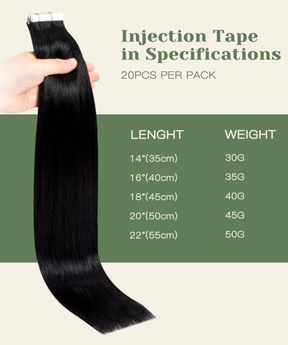 Image of SURNEL Injected Tape in Hair Extensions 14 Inch Natural Real Human Hair Extension Jet Black Upgraded Seamless Remy Invisible Tape in Extensions 20Pcs 30g(#1,14)