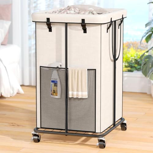 Image of 150L Laundry Hamper with Wheels, Rolling Laundry Basket with Metal Frame and Removable Bag, Large & Tall Dirty Clothes Hampers for Bedroom Aesthetic, Laundry Room, Bathroom, Dorm-White