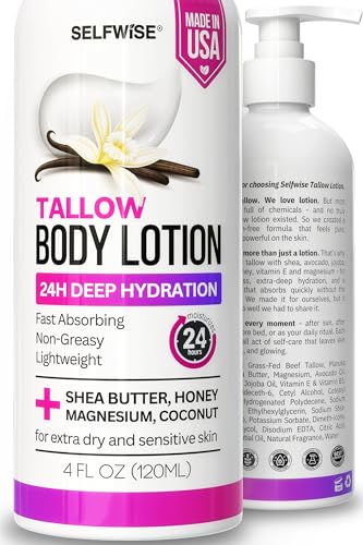 Beef Tallow Body Lotion with Magnesium & Shea Butter - Lightweight Fast-Absorbing Body Cream with Avocado Oil & Vitamin E - Non-Greasy Moisturizer for Dry Sensitive Skin - Daily Hydration 4oz