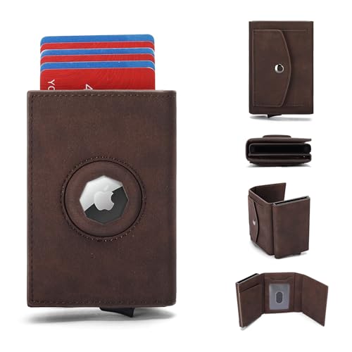 Vintage Mens Genuine Leather Wallet AirTag Holder RFID Blocking Minimalist Card Holder Light Brown (Coffee)