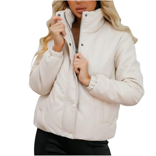 Women Faux Leather Down Jackets Outerwear for Women Long Sleeve Cropped Thick Warm Basic Winter Fall 2025