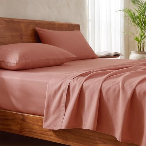 Image of LANE LINEN 100% Organic Cotton Bedsheet for King Size Bed - Rose Dawn | GOTS Certified, Percale Weave, 108x108 inches, Soft & Breathable, Machine Washable, Includes 2 Pillow Covers