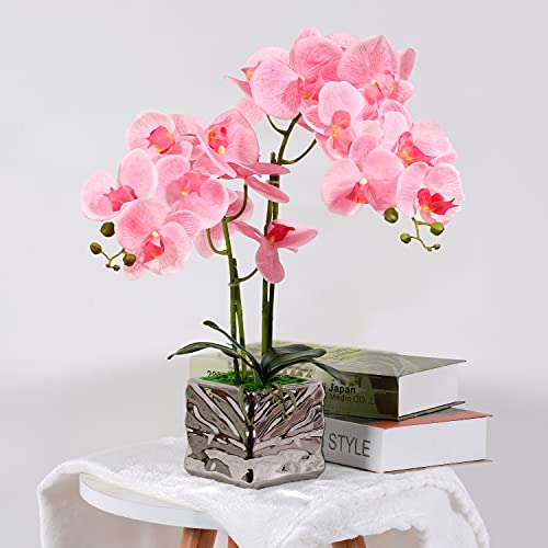 RENATUHOM Künstliche Orchidee rosa Orchidee fühlt Sich echt an künstliche Orchidee Bonsai mit silberner Keramikvase künstliche Topfpflanze für Zuhause Schlafzimmer Küche Badezimmer Tischdekoration