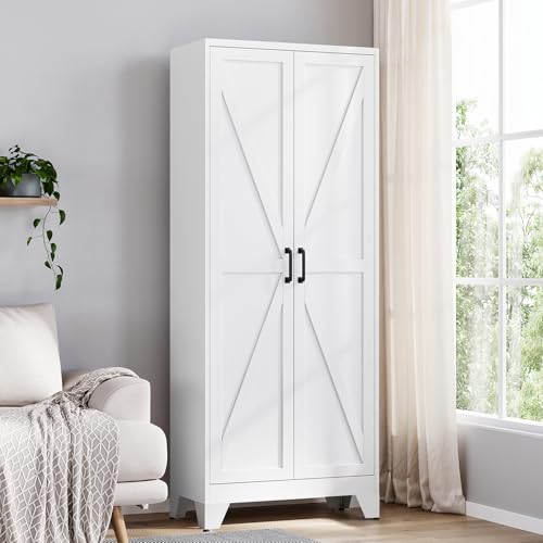 Image of Yizosh Metal Storage Cabinet with Doors and 4 Adjustable Shelves - 75 inch White Kitchen Pantry Storage,4-Tier Tall Steel Cabinet Locker for Kitchen,Living Room,Dining Room