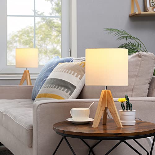 Dewenwils Small Table Lamp, Wooden Tripod Table Lamp With White Linen Fabric Shade, 2 Pack Table Lamp For Living Room, Bedroom, Side Table, Nursery, Office, 14.2 In, Switch Ul Listed #TOP6