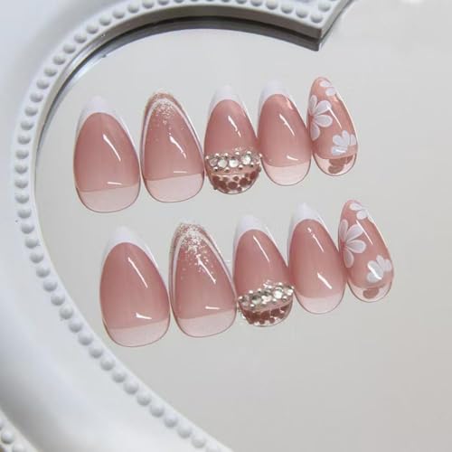 Image of White French Tip Press on Nails Short Almond Fake Nails Flower False Nail with Rhinestone Design Gold Glitter Glue on Nails Glossy Acrylic Nail Full Cover Nude Stick on Nail for Women Manicure 24Pcs