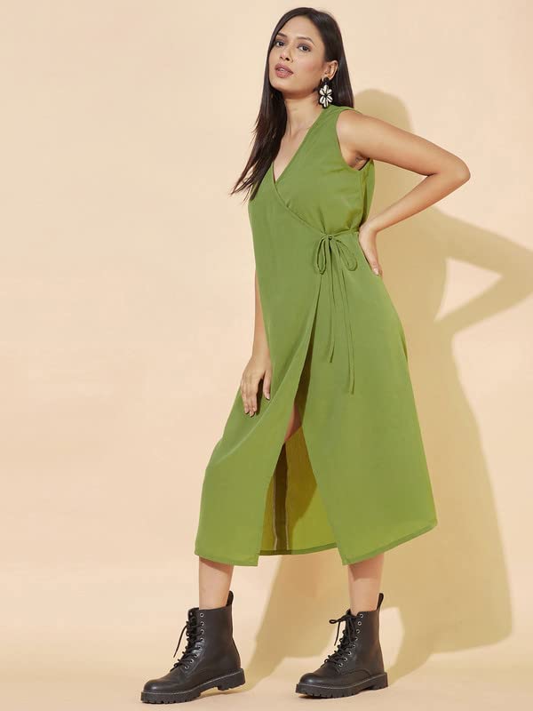 Selvia Women's Sleeveless Santosa Wrinkle(Crepe) V-Neck Wrap Dress(377Tk7115N-Xl_Green)