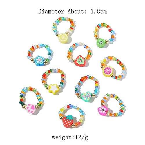 Sttiafay 10Pcs Beaded Rings Set For Girls And Kids Cute Fruit Flower Soft Pottery Ring Handmade Braided Beads Resin Rings Gift For Her #TOP5