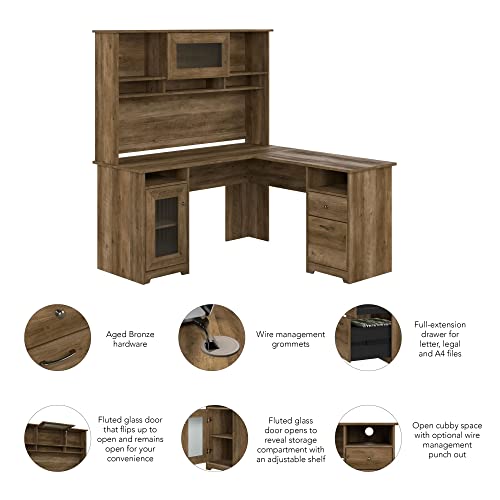 Bush Furniture Cabot L Shaped Computer Desk With Hutch, 60W, Reclaimed Pine & Cabot Small Storage Cabinet With Doors, Reclaimed Pine #TOP3