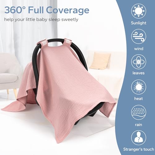 Image of SERAPHY 100% Muslin Cotton Car Seat Cover Baby, Universal Carseat Covers, Breathable Baby Car Seat Canopy for Boys Girls, Soft Infant Car Seat Cover for Summer -Pink